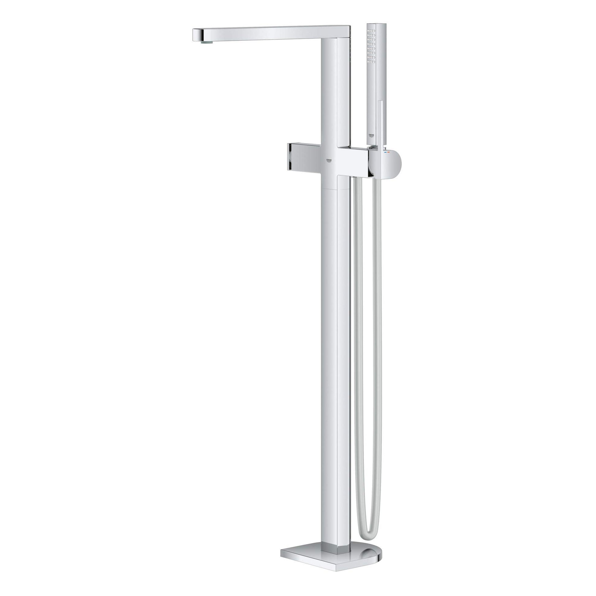 Chrome freestanding tub faucet with single handle, horizontal spout, and detachable hand shower on vertical supply line.
