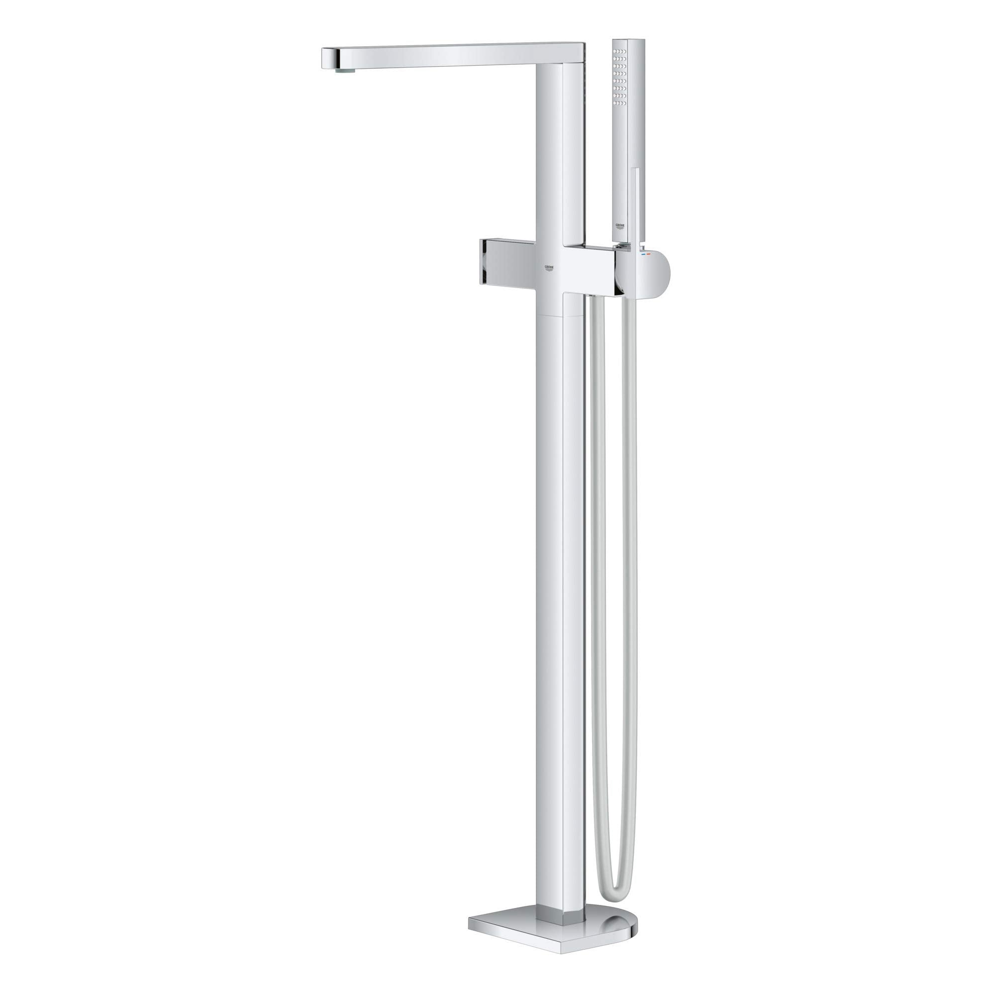 Chrome freestanding tub faucet with single handle, horizontal spout, and detachable hand shower on vertical supply line.