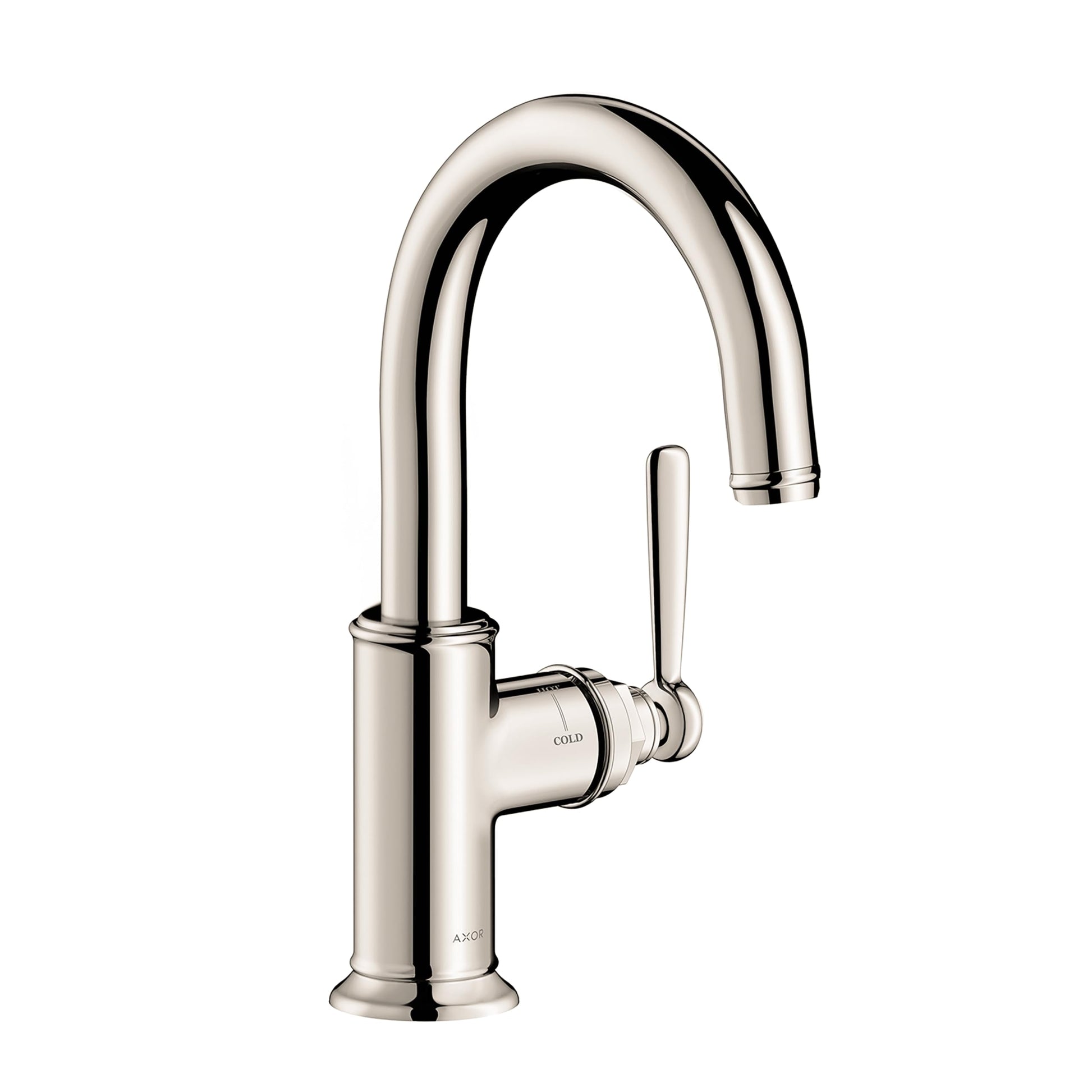 Polished nickel bar faucet with curved spout and single lever handle on circular base.