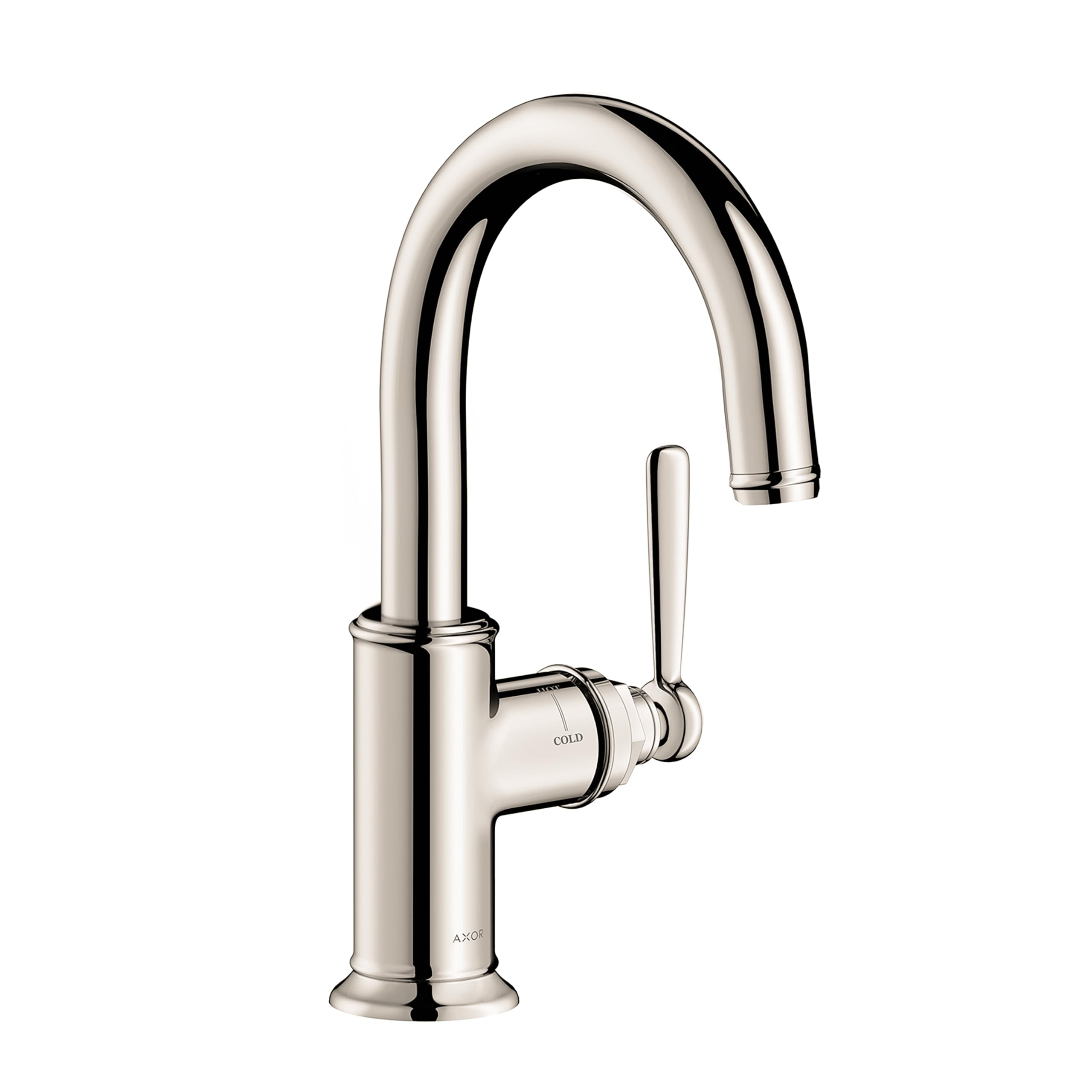 Polished nickel bar faucet with curved spout and single lever handle on circular base.
