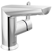 Chrome single-handle bathroom faucet with curved spout, side handle lever, and pop-up drain assembly.