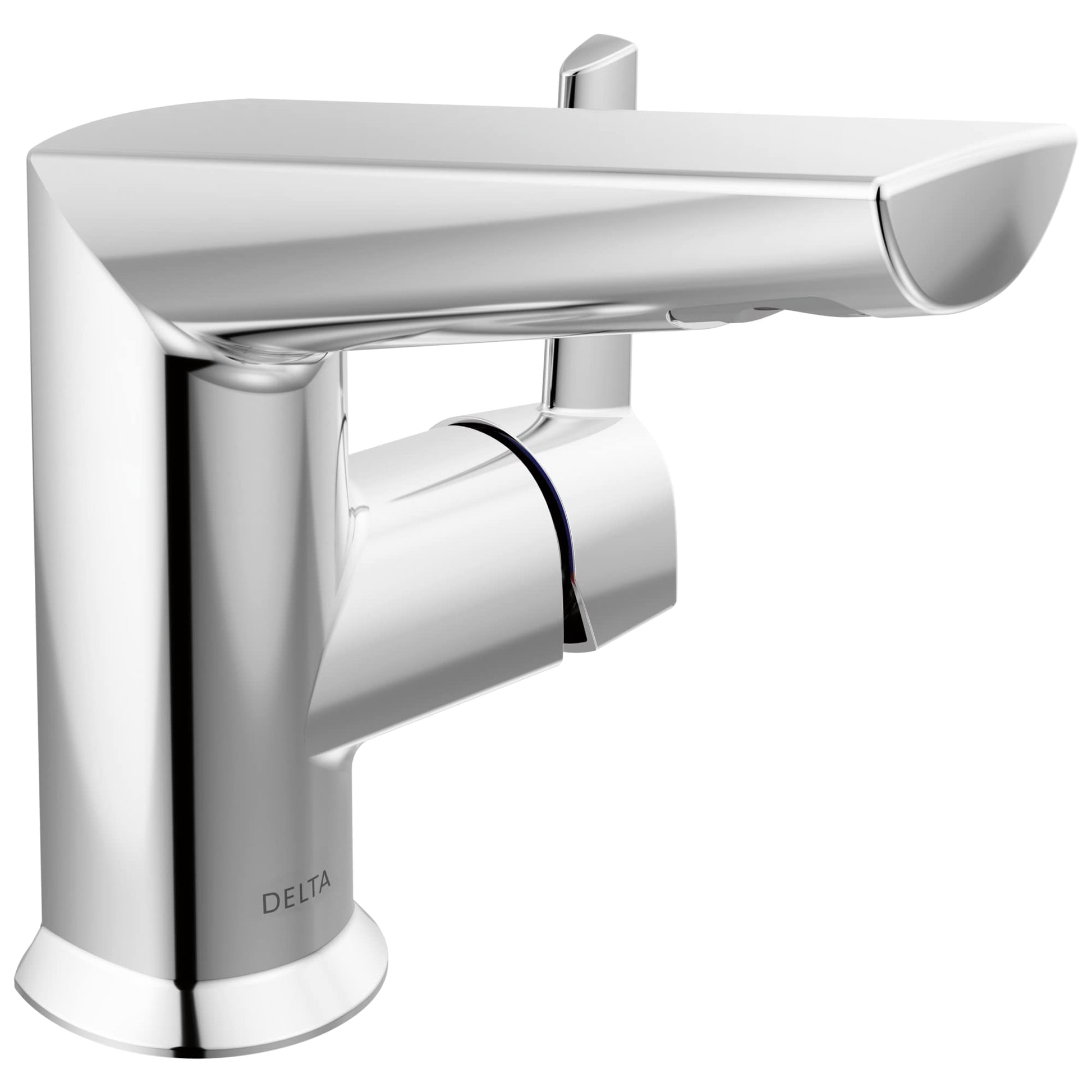Chrome single-handle bathroom faucet with curved spout, side handle lever, and pop-up drain assembly.