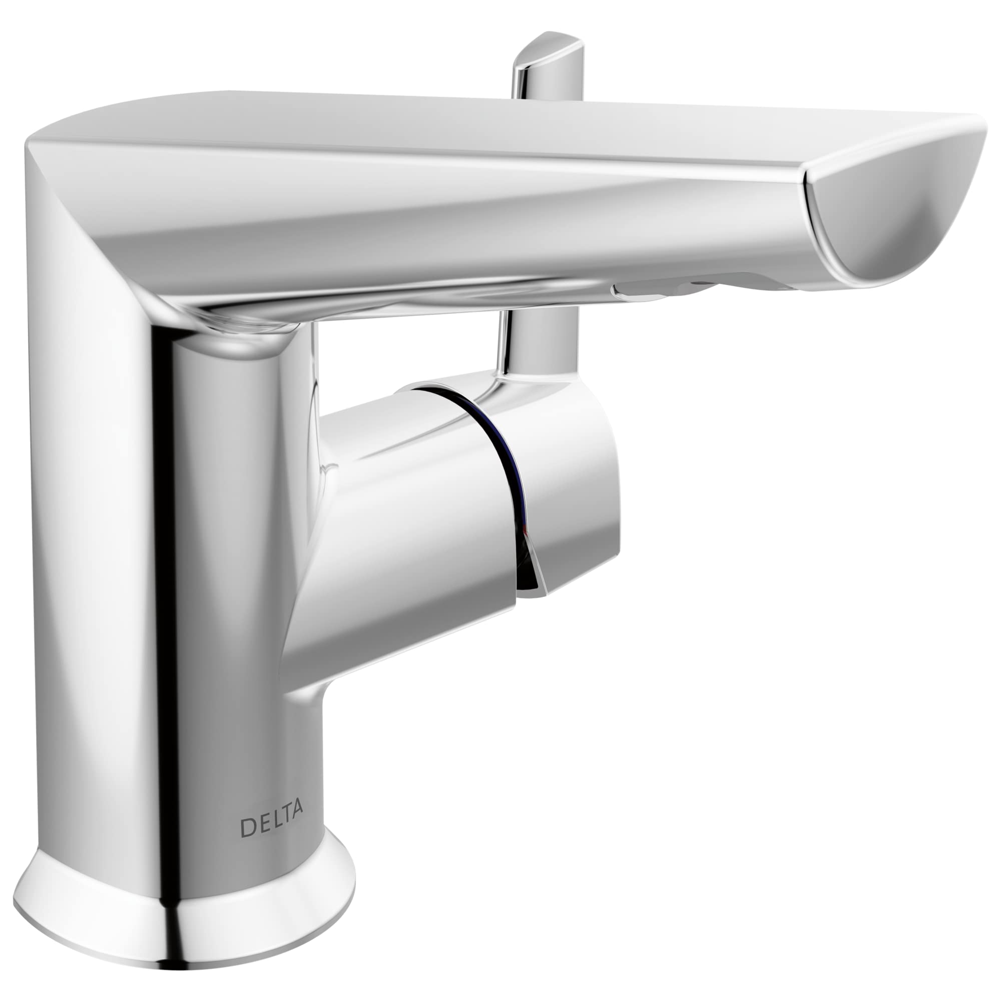 Chrome single-handle bathroom faucet with curved spout, side handle lever, and pop-up drain assembly.