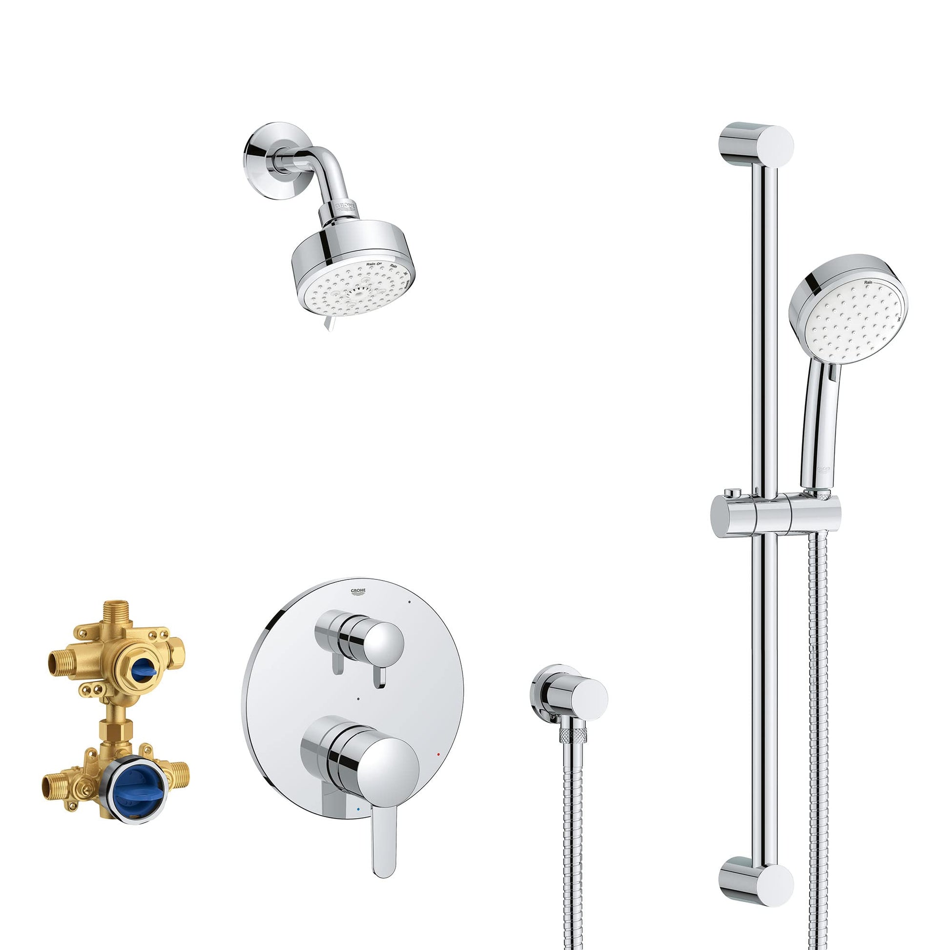 Chrome pressure balance shower system with wall-mounted showerhead, handheld sprayer on vertical slide bar, valve trim plate,