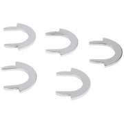 Five chrome-plated C-shaped safety rings with open slots, arranged on white background.