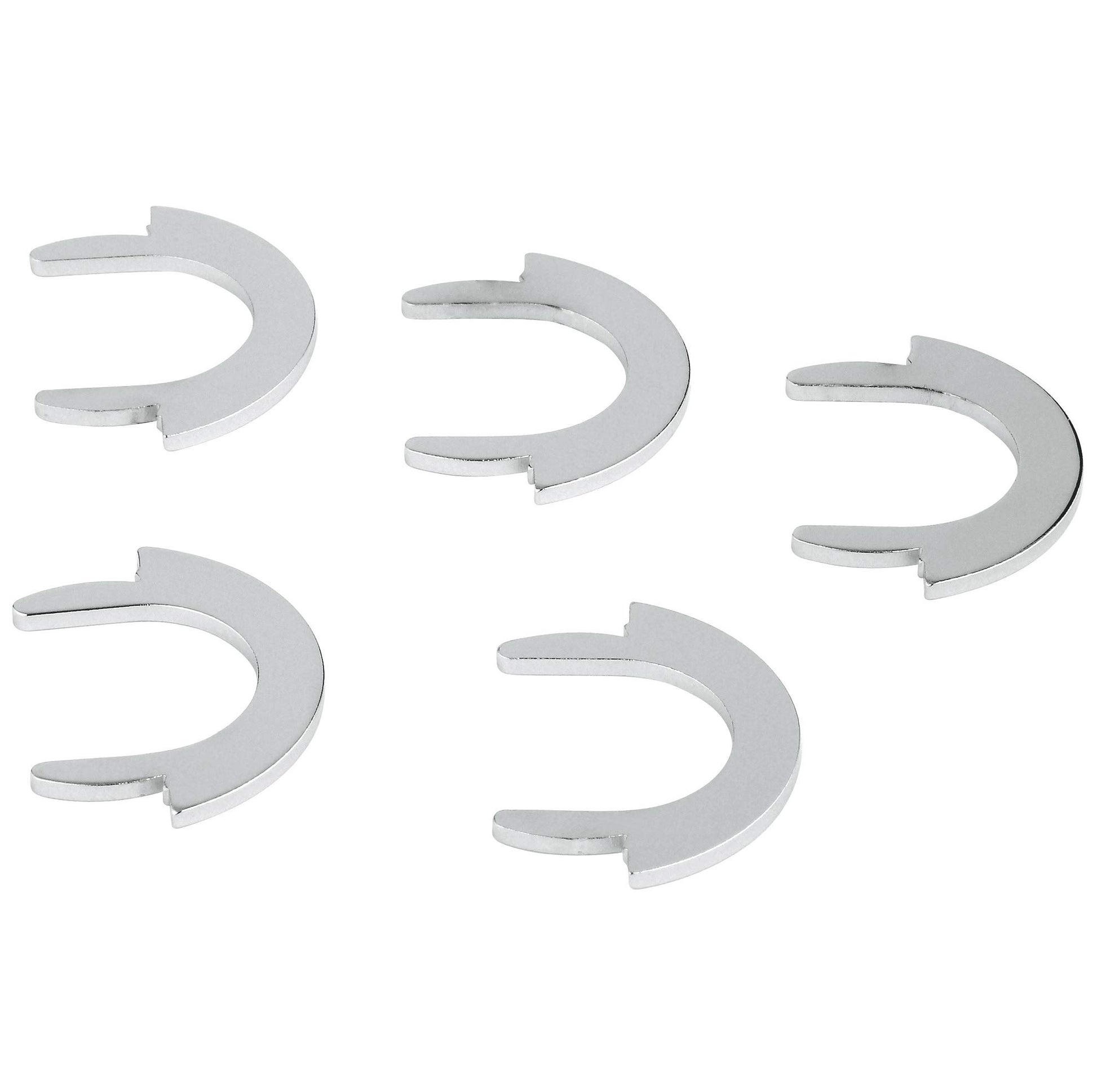 Five chrome-plated C-shaped safety rings with open slots, arranged on white background.