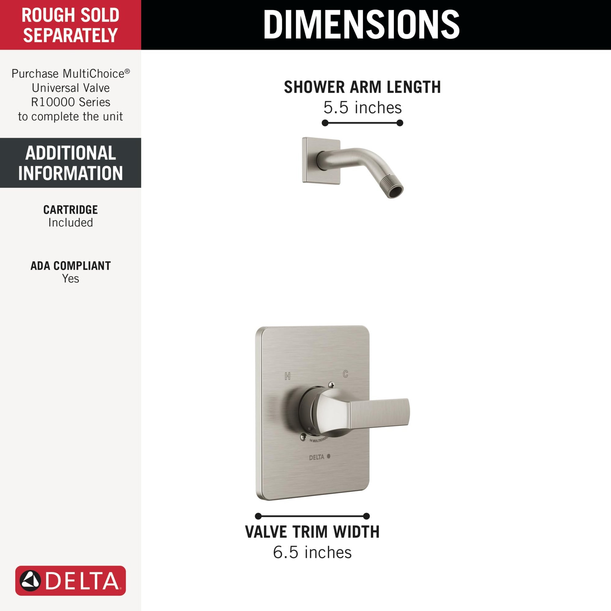 Stainless steel shower trim with 5.5-inch arm, 6.5-inch valve plate, and single lever handle.