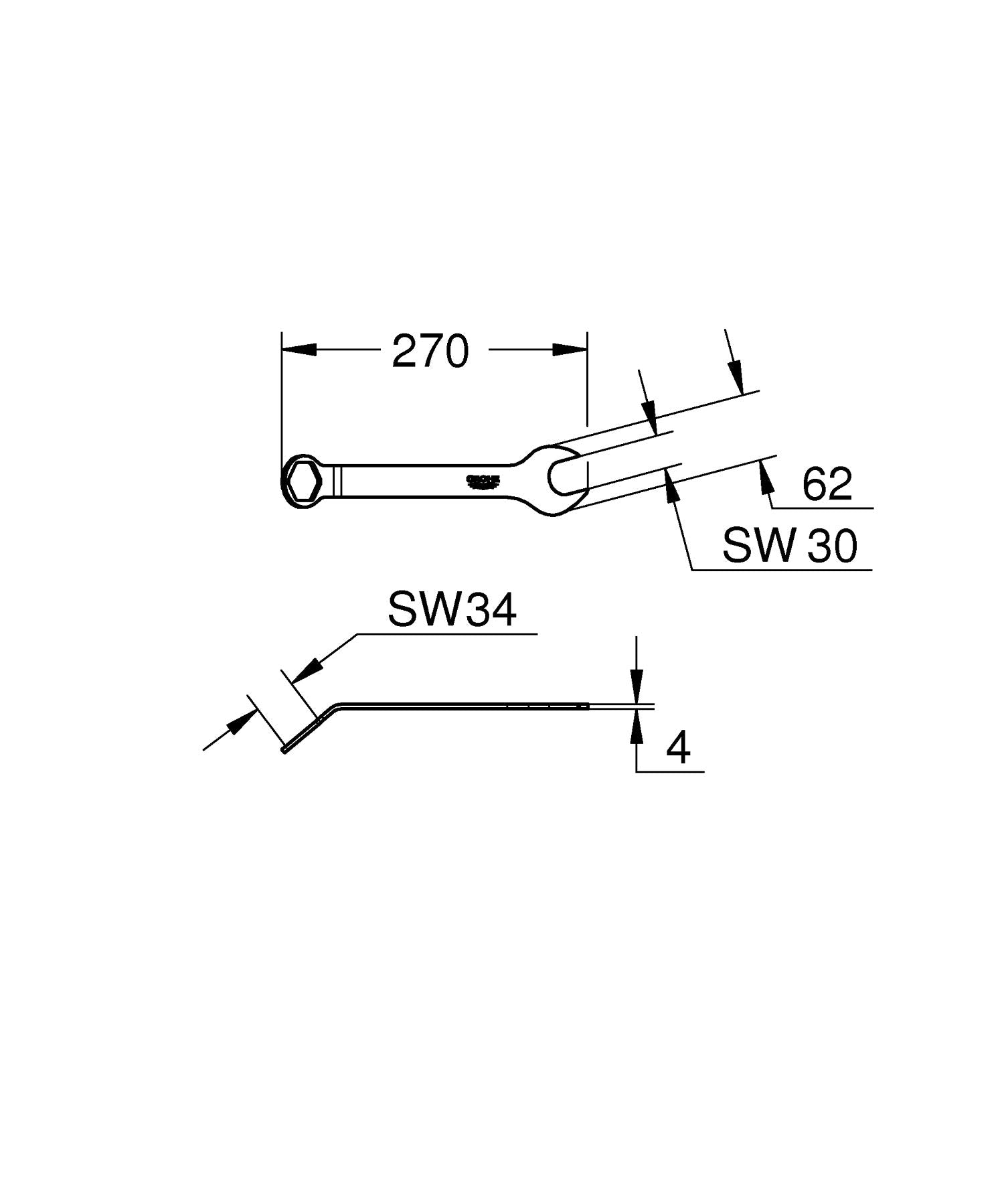 Chrome special spanner wrench with dual open ends labeled SW34 and SW30, featuring 270mm length and angled head design with t