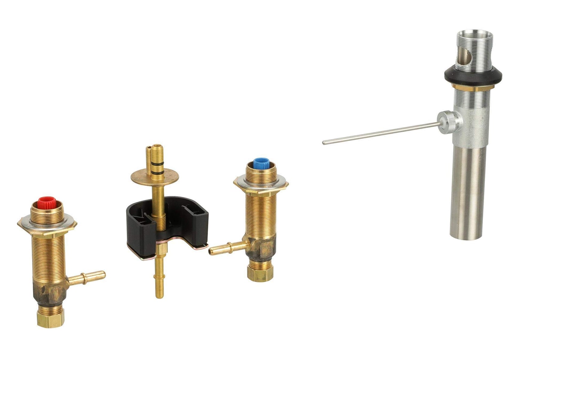 Moen rough-in valve components including brass stem valves with red and blue caps, black cartridge, and stainless steel body 