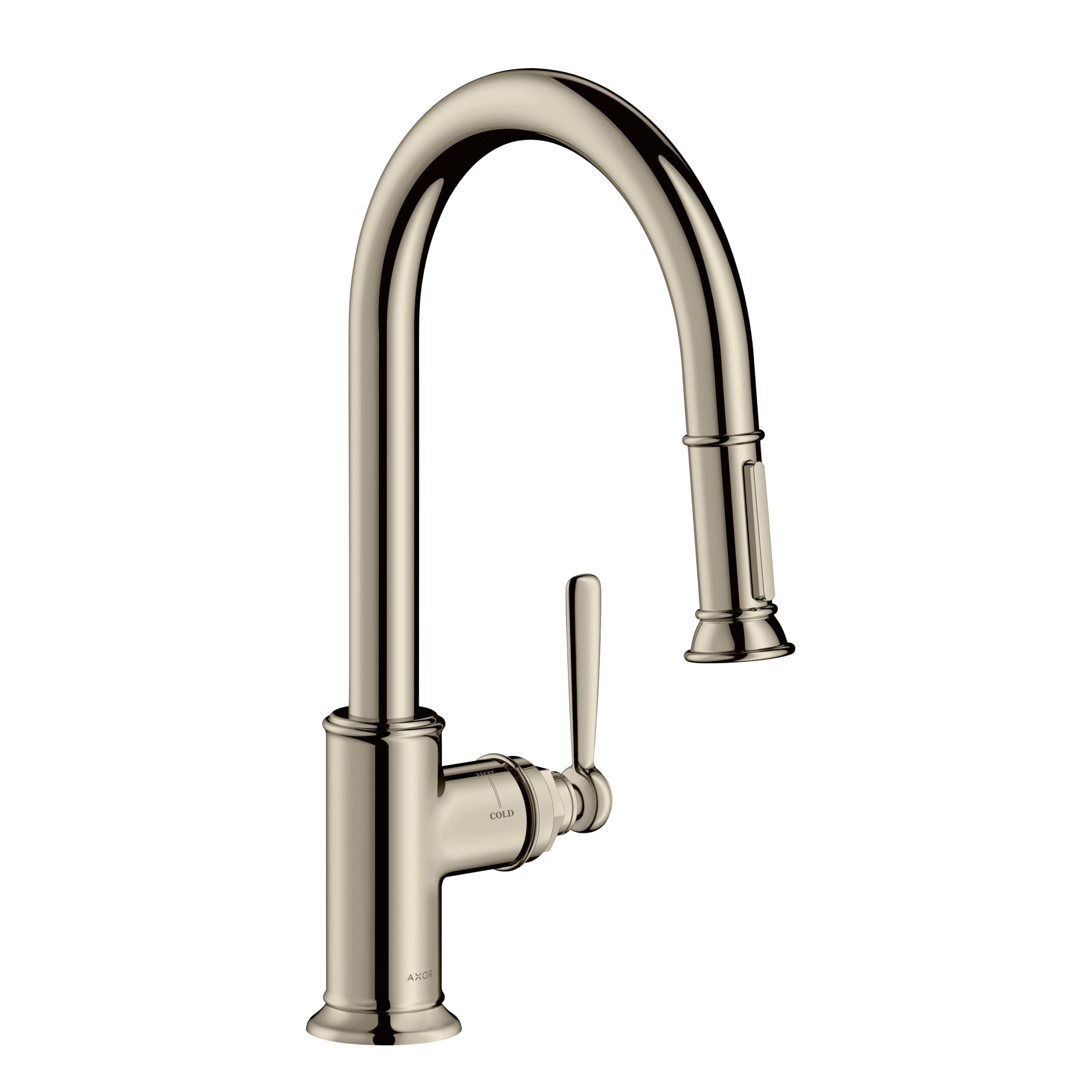 Polished nickel kitchen faucet with high arc spout, pull-down spray head, and single lever handle.