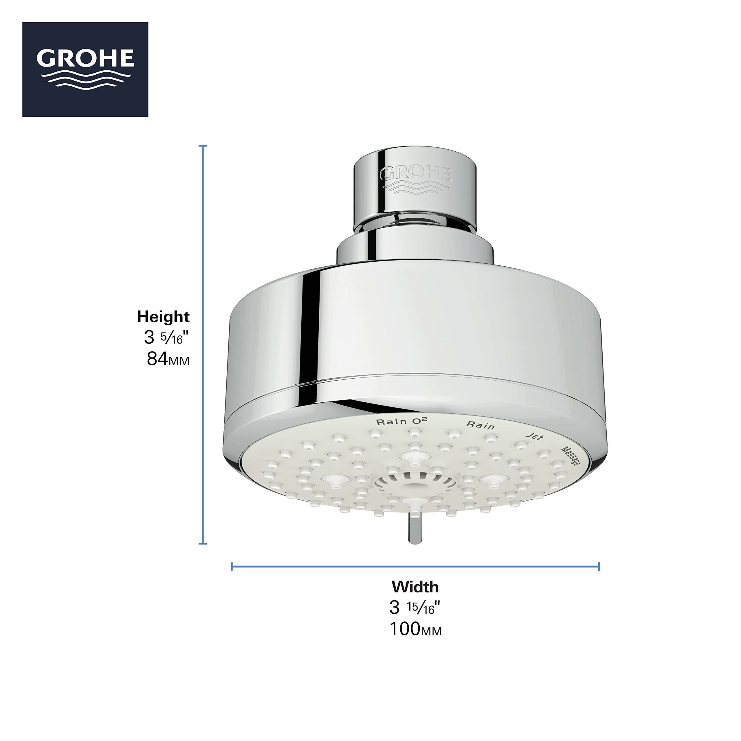 Chrome showerhead with white spray face and adjustable settings marked "Rain O²" and "Jet," measuring 3 15/16" width by 3 5/1