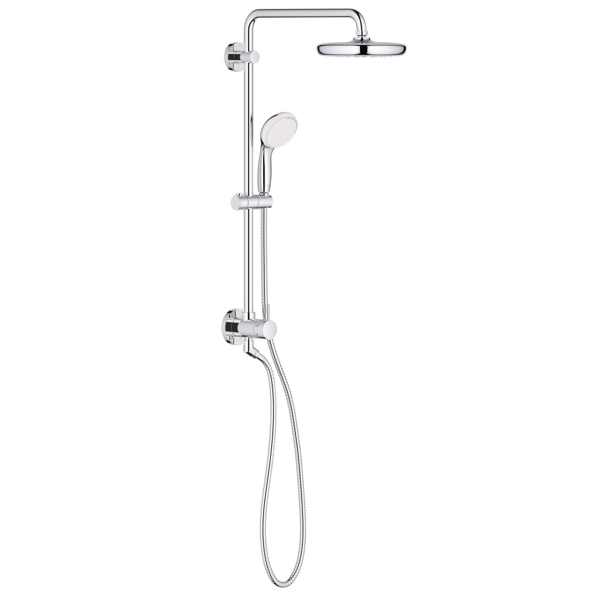 Chrome shower system with overhead rainfall showerhead, handheld sprayer, vertical rail, and control valve.