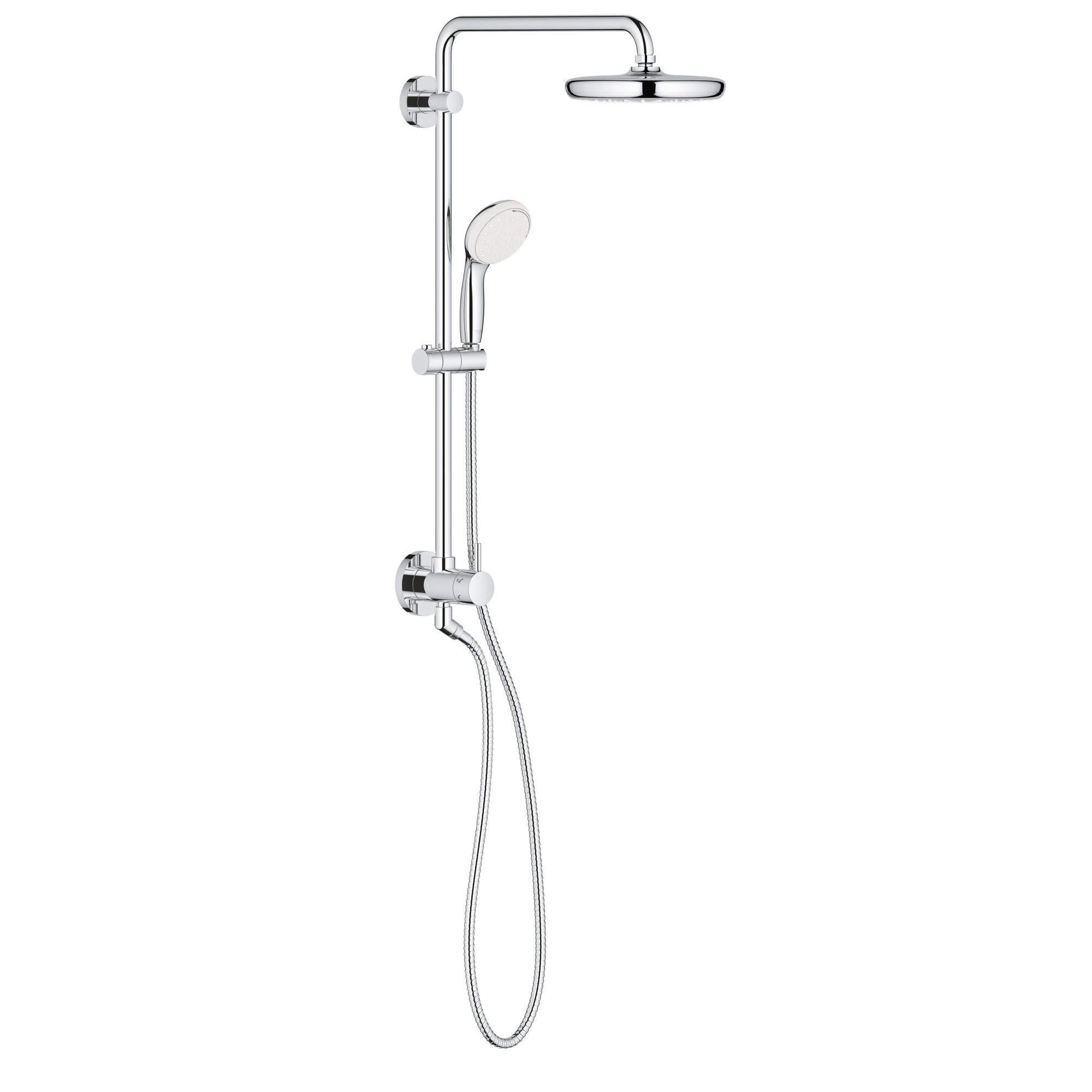 Chrome shower system with overhead rainfall showerhead, handheld sprayer, vertical rail, and control valve.
