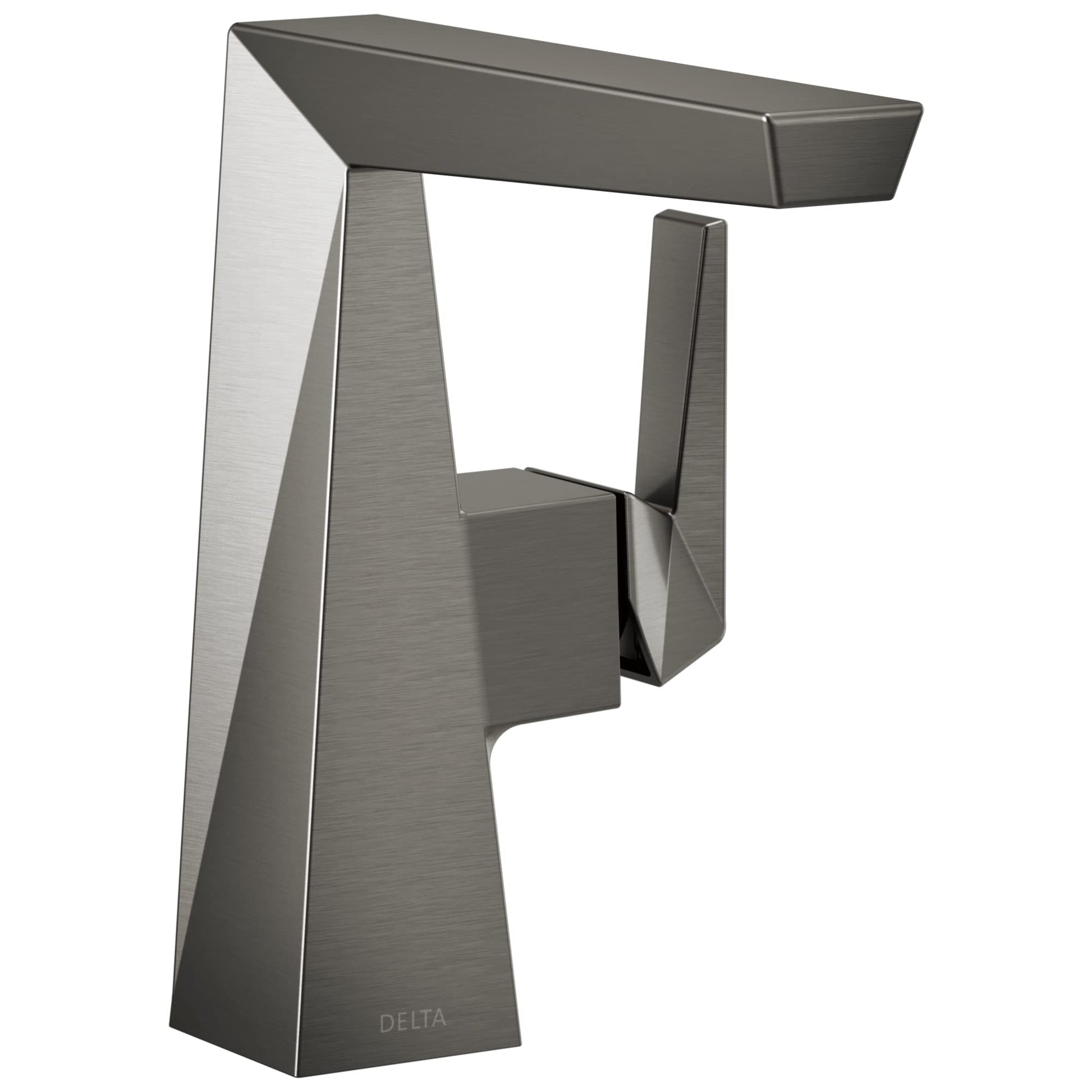 Brushed gunmetal single-handle bathroom faucet with angular geometric design and extended spout.