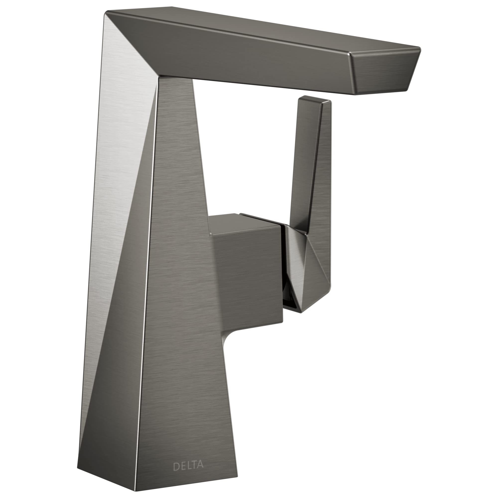 Brushed gunmetal single-handle bathroom faucet with angular geometric design and extended spout.
