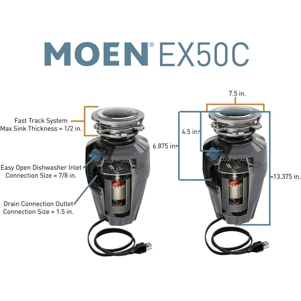 Moen EX50C garbage disposal unit with stainless steel top, black housing, power cord, and labeled dimensions and connection s