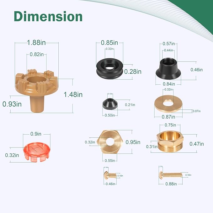 Woodford RK-22MH repair kit components including brass valve parts, metal washers, screws, and red cap with labeled dimension