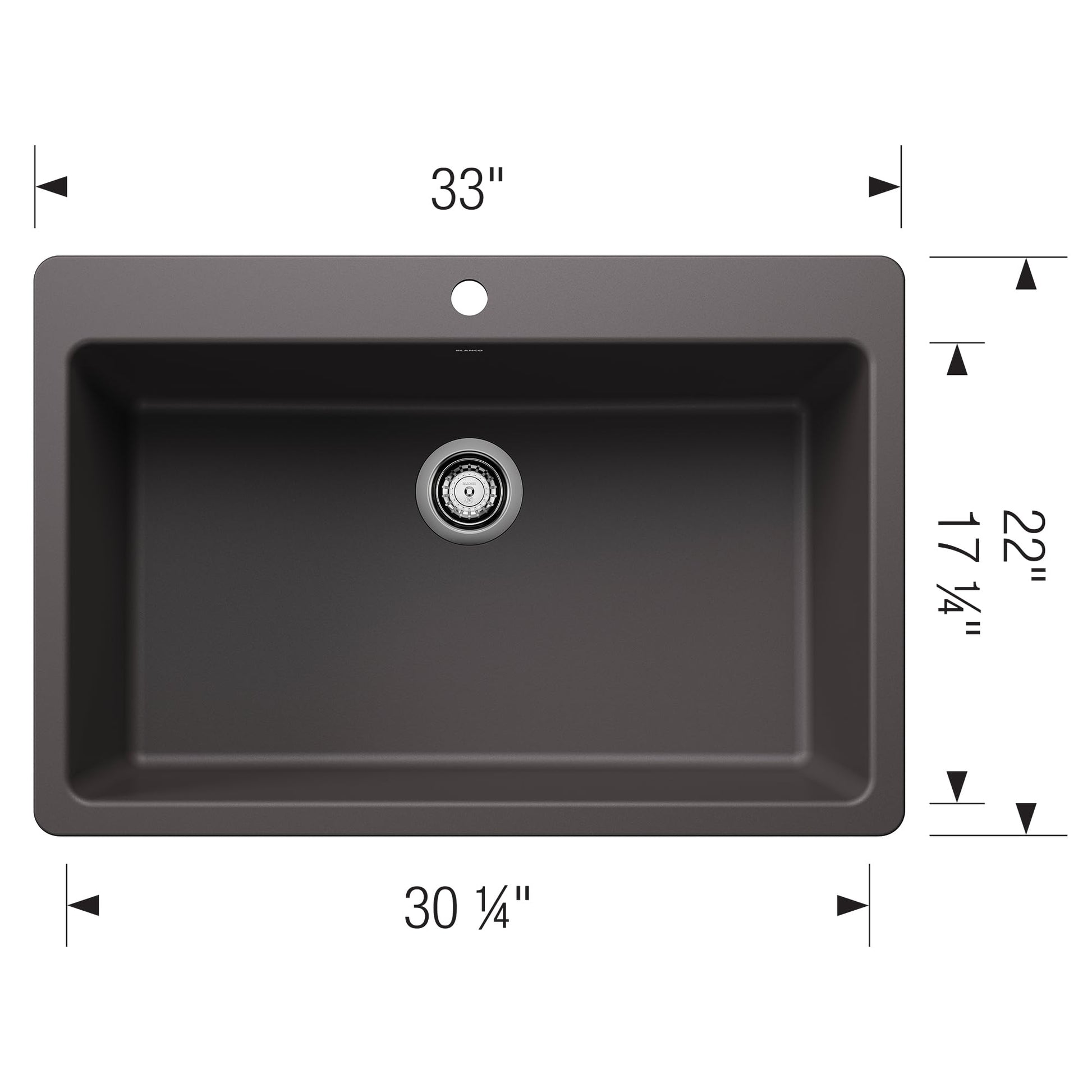 Cinder-colored single bowl sink with rounded rim, chrome strainer, and dimension markings showing 33" width and 22" depth.