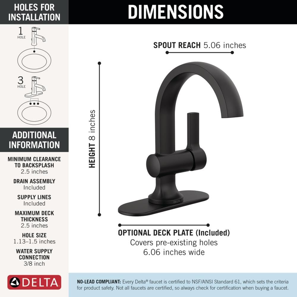 Matte black single handle bathroom faucet with curved spout, 8 inches height, 5.06 inches spout reach.