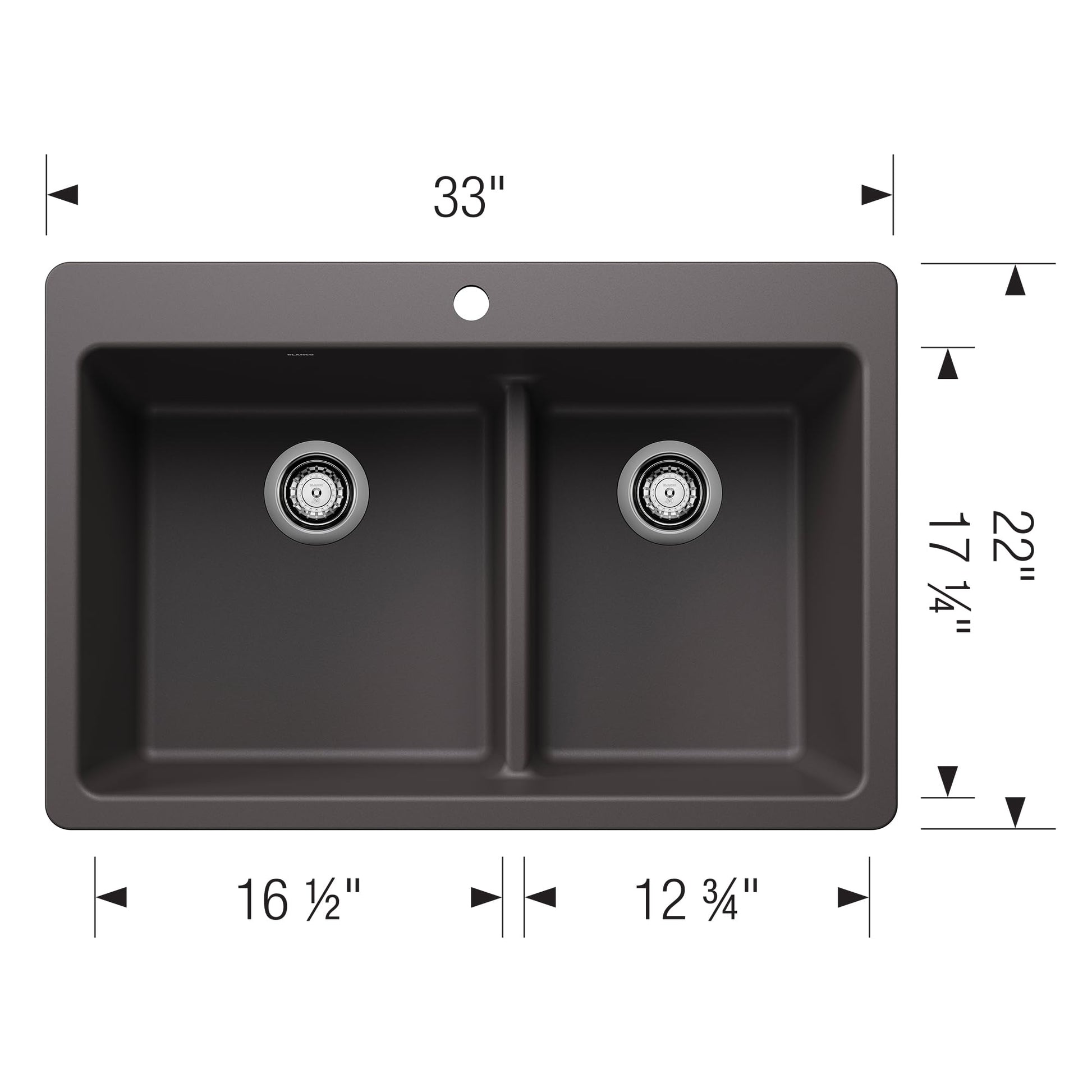 Dark gray dual-bowl drop-in kitchen sink with low divide, two drain strainers, and faucet hole, 33" wide.