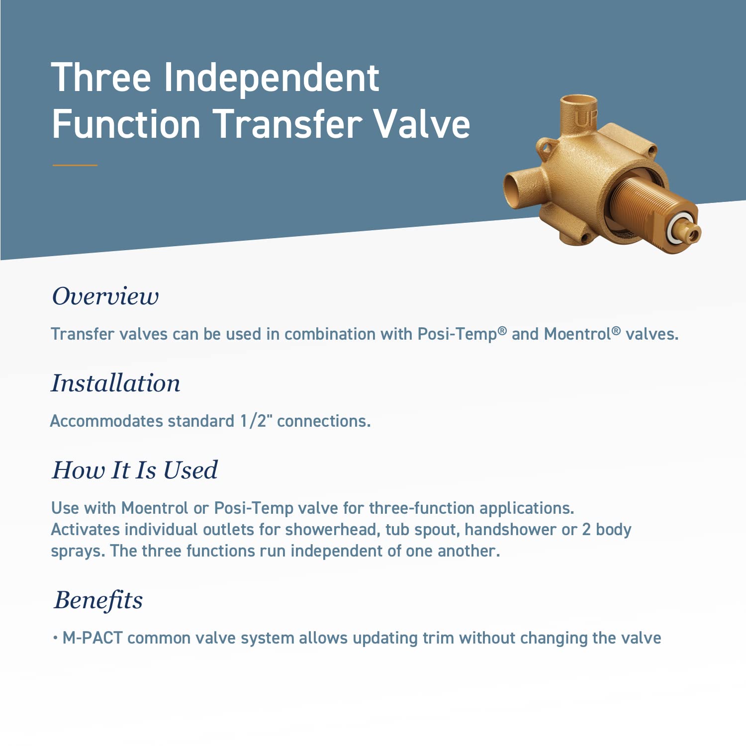 Brass transfer valve with three ports and control knobs for independent function operation.