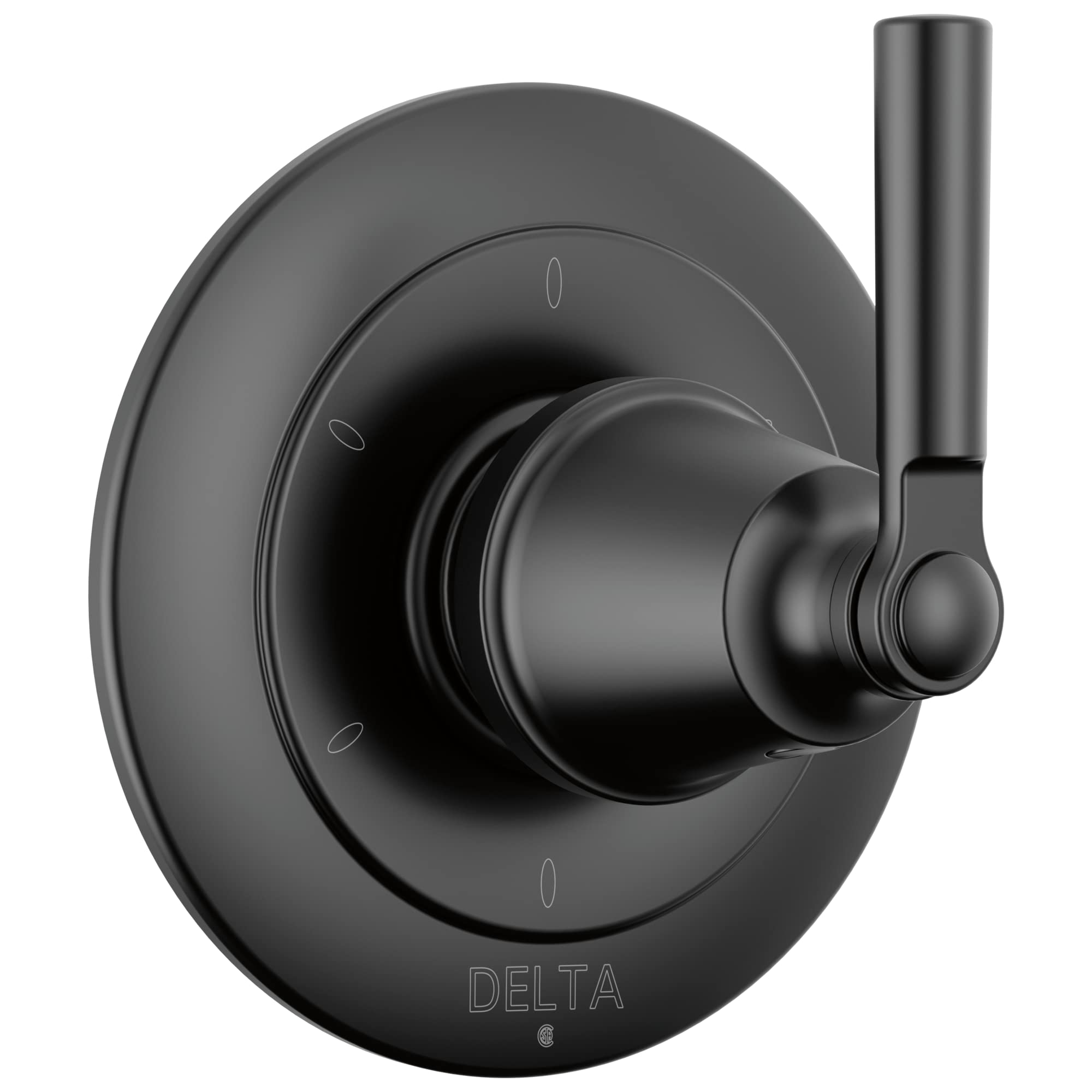 Matte black round diverter trim with lever handle and setting indicators on circular escutcheon plate.