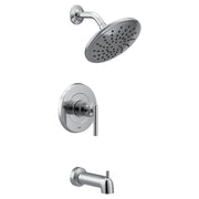 Chrome tub and shower trim kit with single lever handle, overhead showerhead, and tub spout.