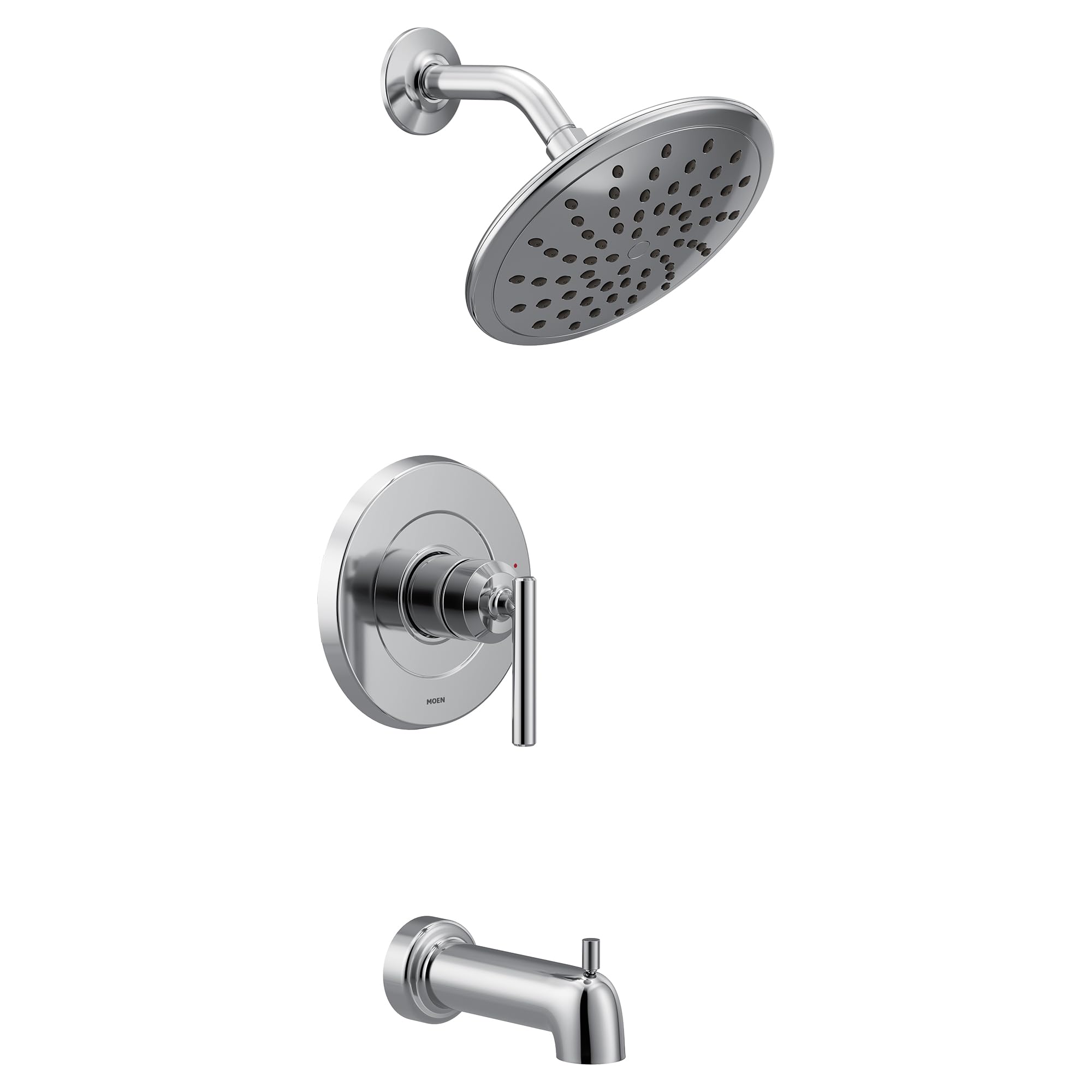 Chrome tub and shower trim kit with single lever handle, overhead showerhead, and tub spout.