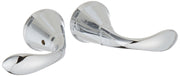 Pair of chrome metal lever handles with round trim flanges and curved lever arms.