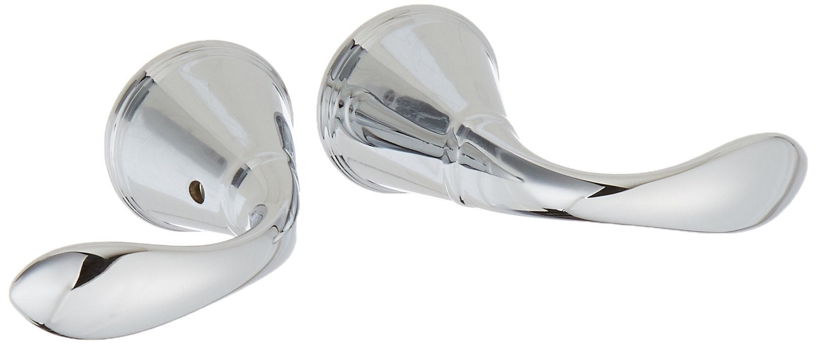 Pair of chrome metal lever handles with round trim flanges and curved lever arms.