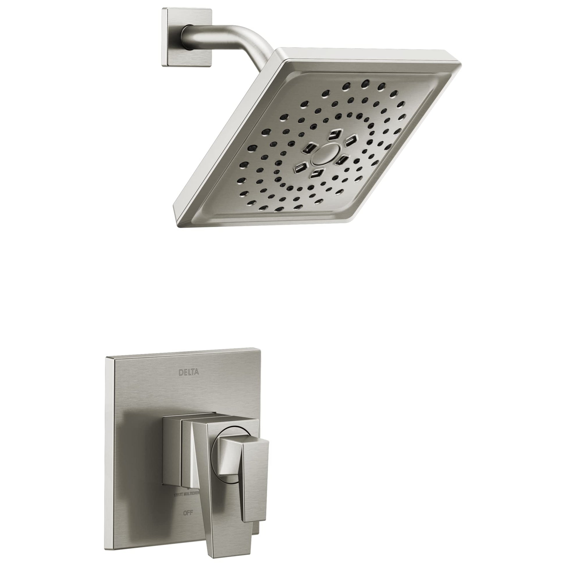 Brushed nickel shower trim with square showerhead and wall-mounted lever handle control.