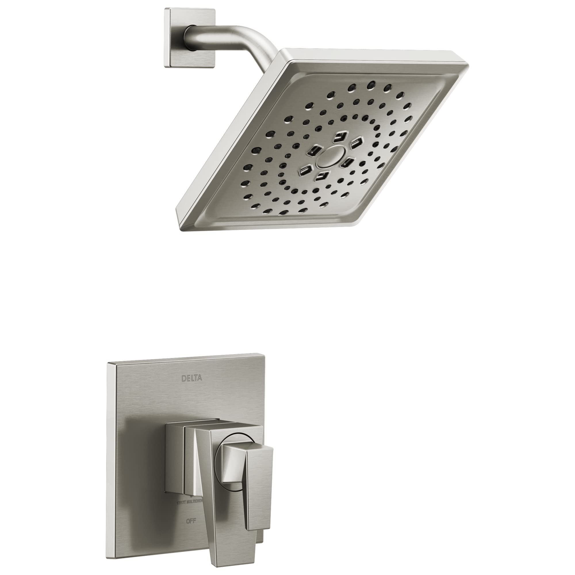 Brushed nickel shower trim with square showerhead and wall-mounted lever handle control.