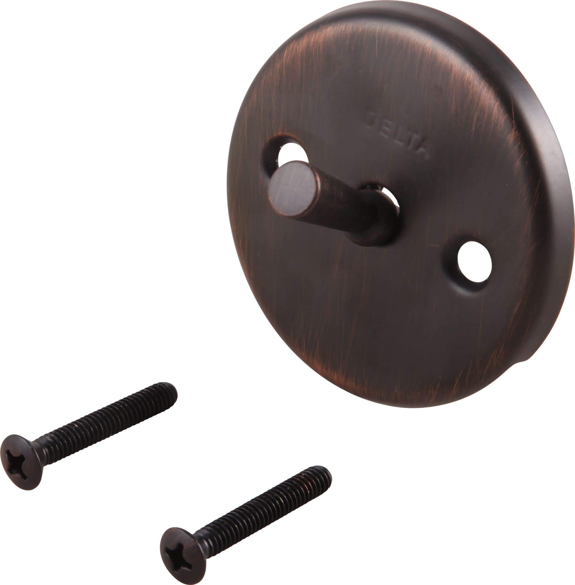 Champagne bronze circular overflow plate with trip lever and two mounting screws.