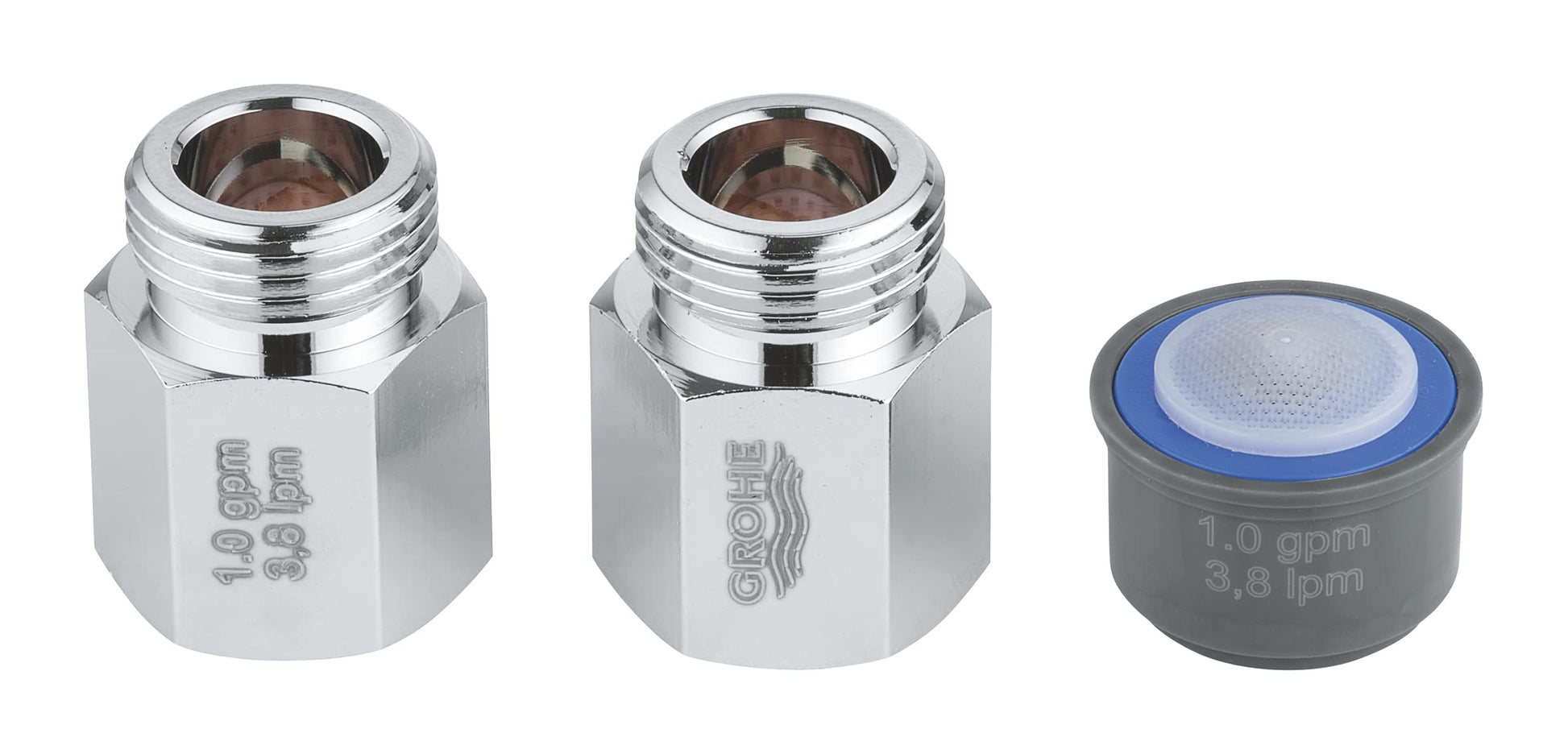 Chrome water-saving aerator kit with two connector pieces and one blue flow restrictor cartridge.