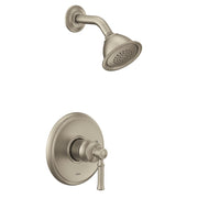 Brushed nickel shower trim kit with single handle lever control and round showerhead with perforated face.