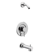 Chrome tub and shower trim kit with wall-mounted valve, spout, and curved showerhead arm.