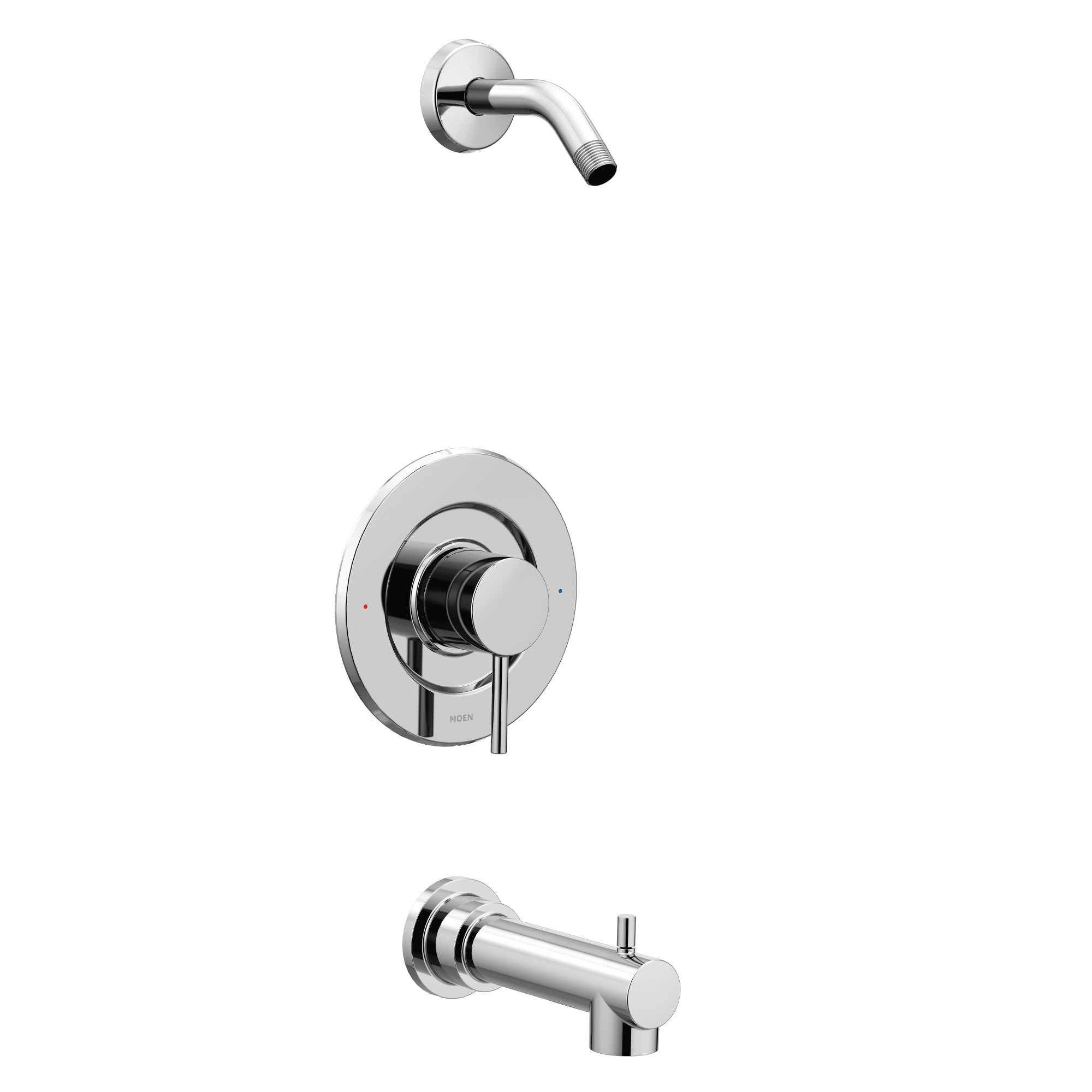 Chrome tub and shower trim kit with wall-mounted valve, spout, and curved showerhead arm.