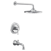 Chrome tub and shower trim kit with single handle valve, overhead shower head, and tub spout.