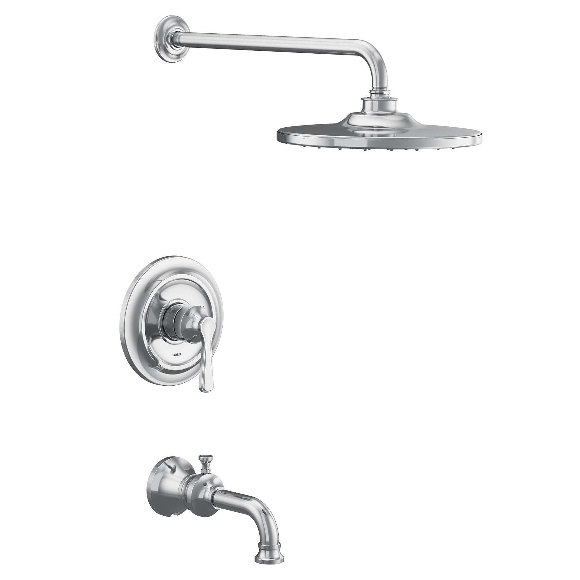 Chrome tub and shower trim kit with single handle valve, overhead shower head, and tub spout.