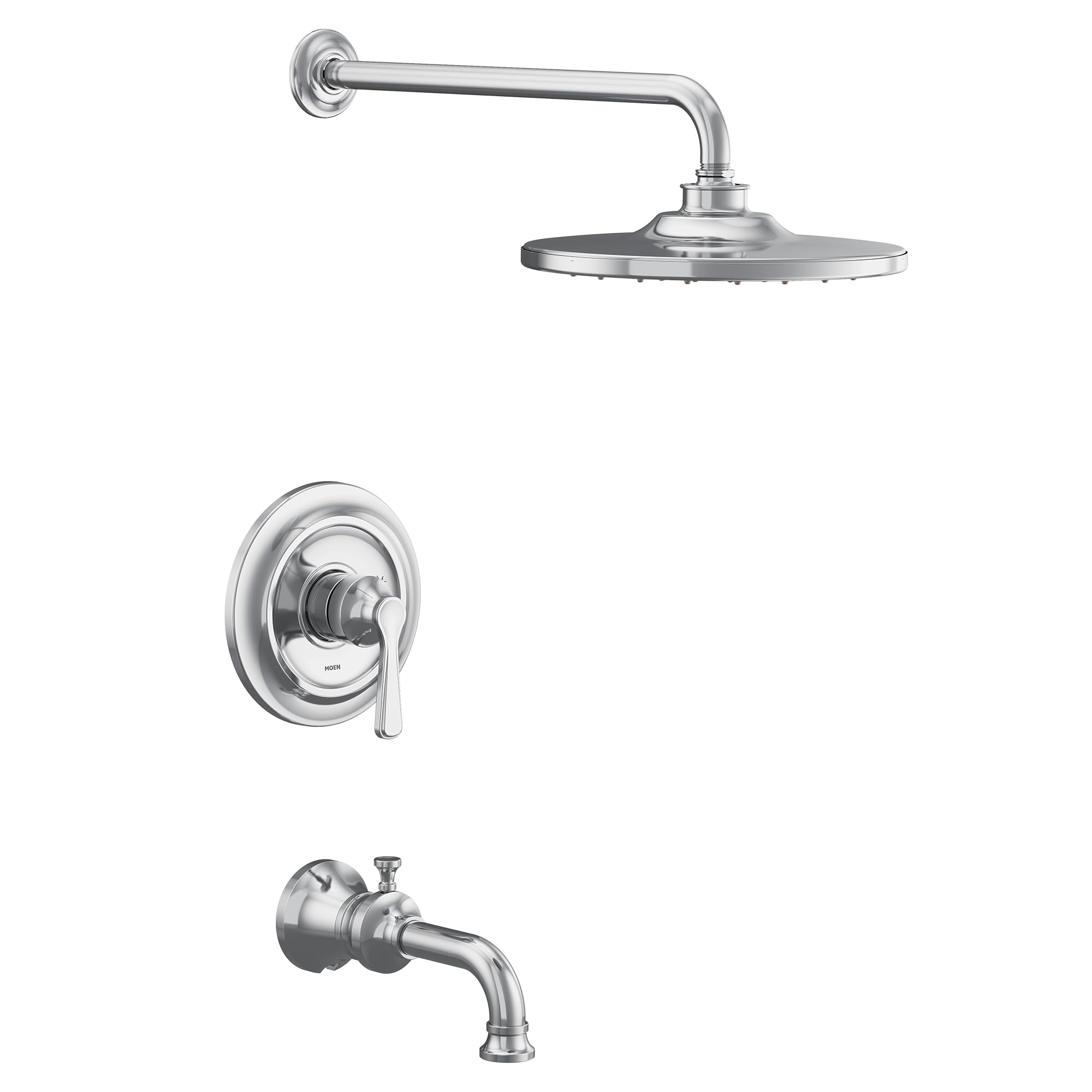 Chrome tub and shower trim kit with single handle valve, overhead shower head, and tub spout.