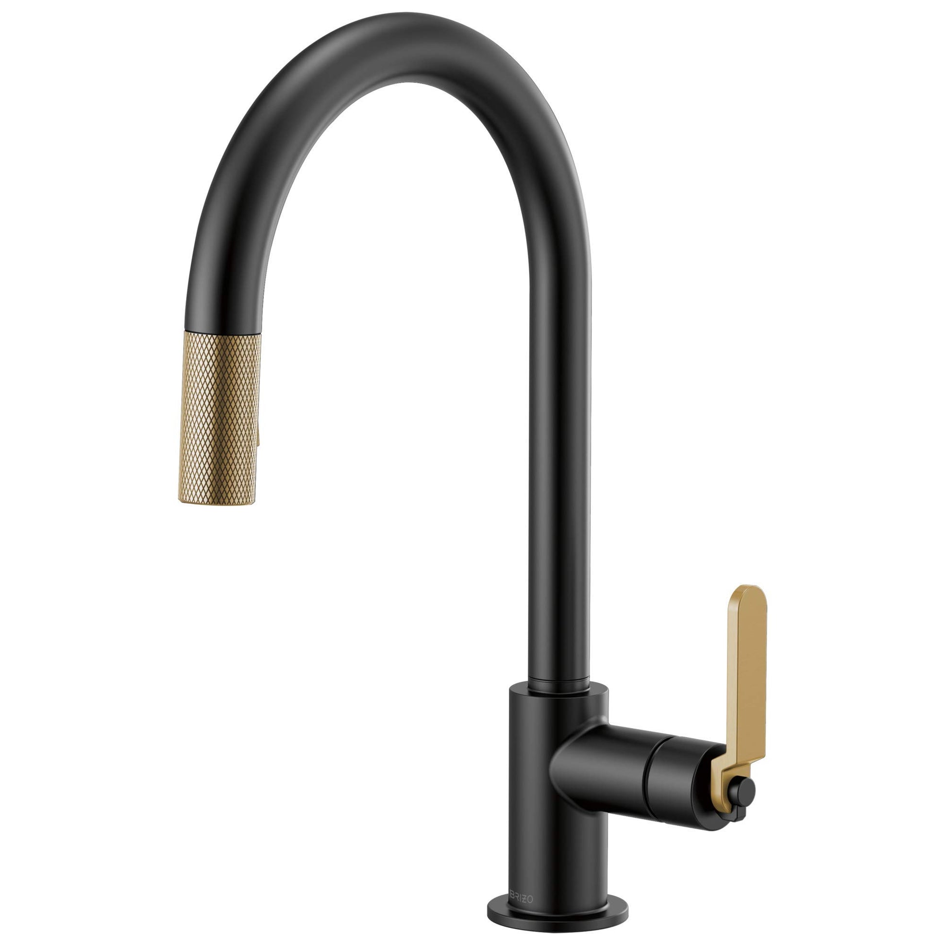 Black pull-down kitchen faucet with arc spout, gold textured handle, and matte finish.