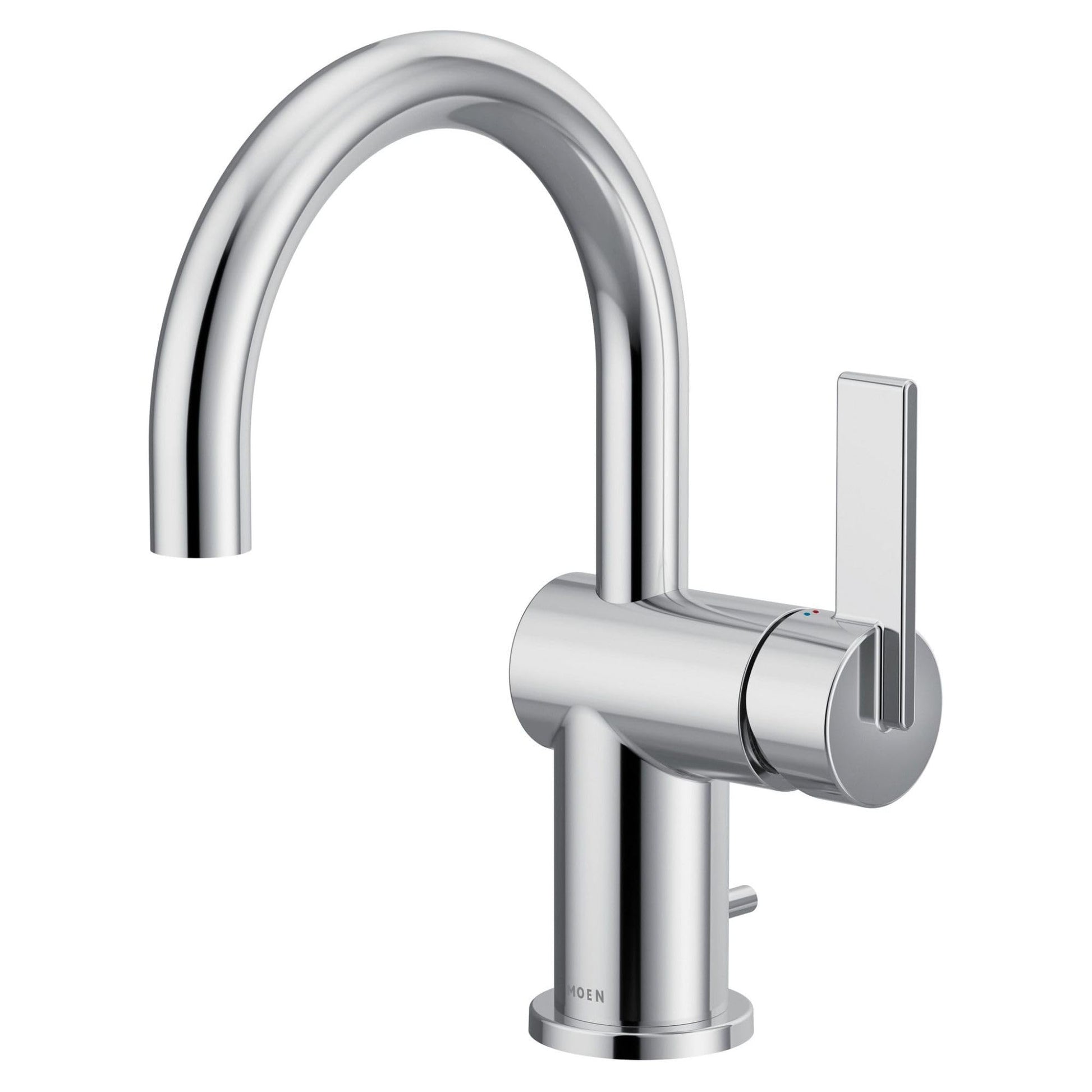 Chrome single-handle bathroom sink faucet with high curved spout and rectangular lever handle.