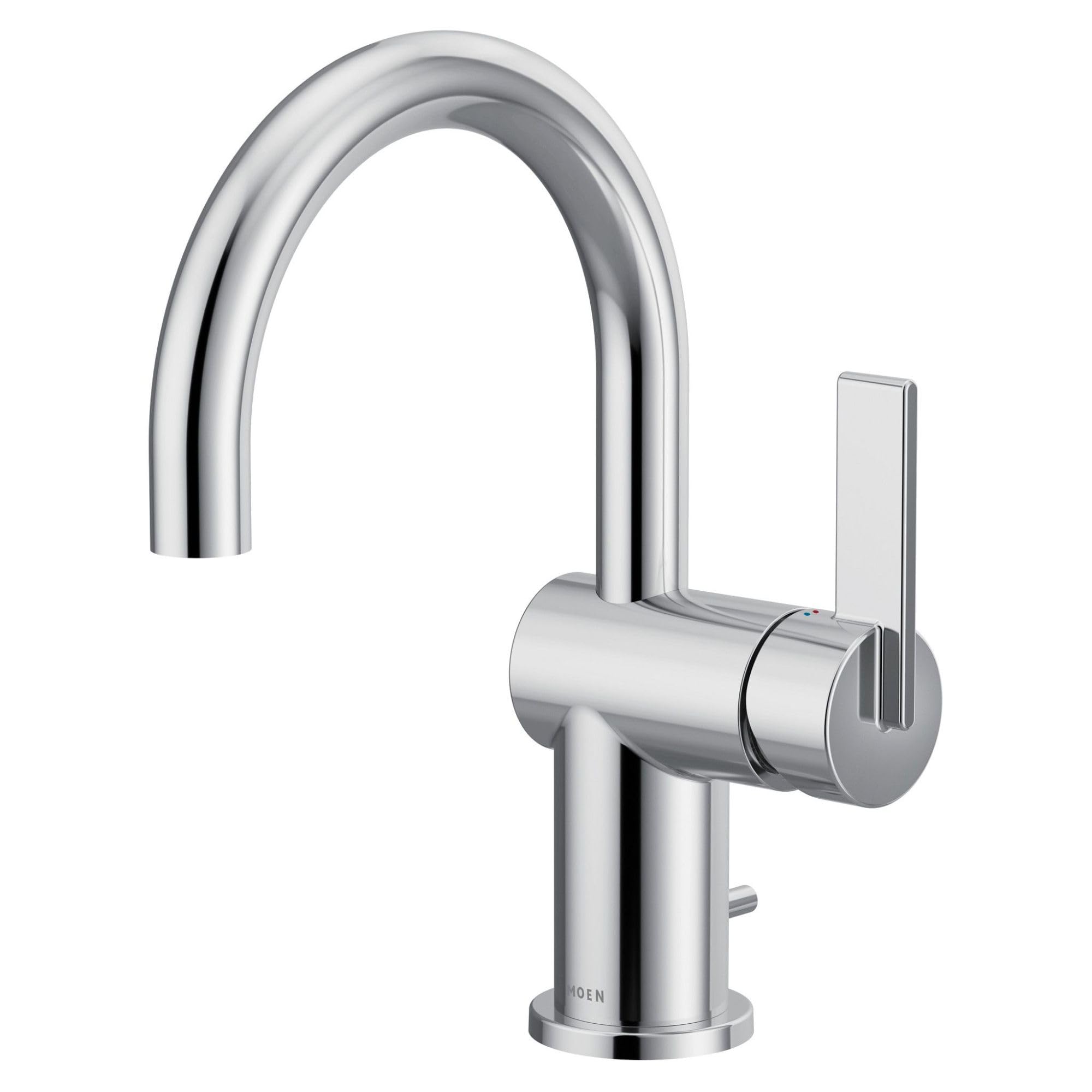 Chrome single-handle bathroom sink faucet with high curved spout and rectangular lever handle.