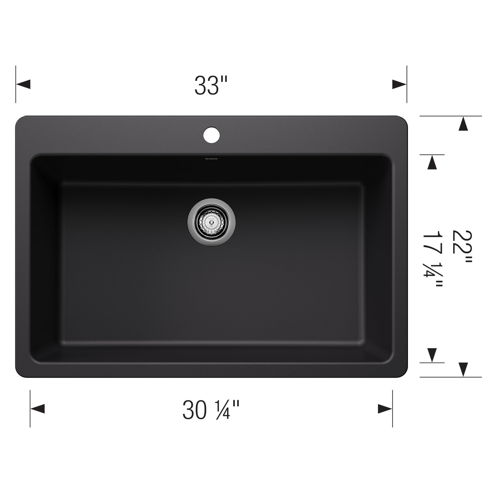 Coal black single bowl kitchen sink with chrome drain fixture, 33" wide by 22" deep, dual mount installation.