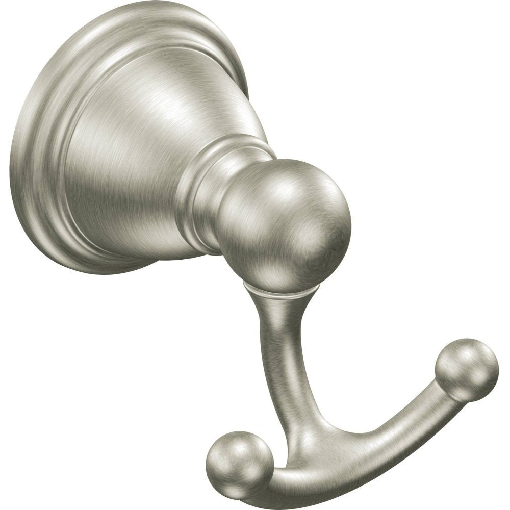 Brushed nickel double robe hook with two spherical knobs on curved arms extending from circular wall mount.