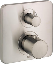 Brushed nickel thermostatic shower valve trim with two round handles mounted on square plate for temperature and volume contr