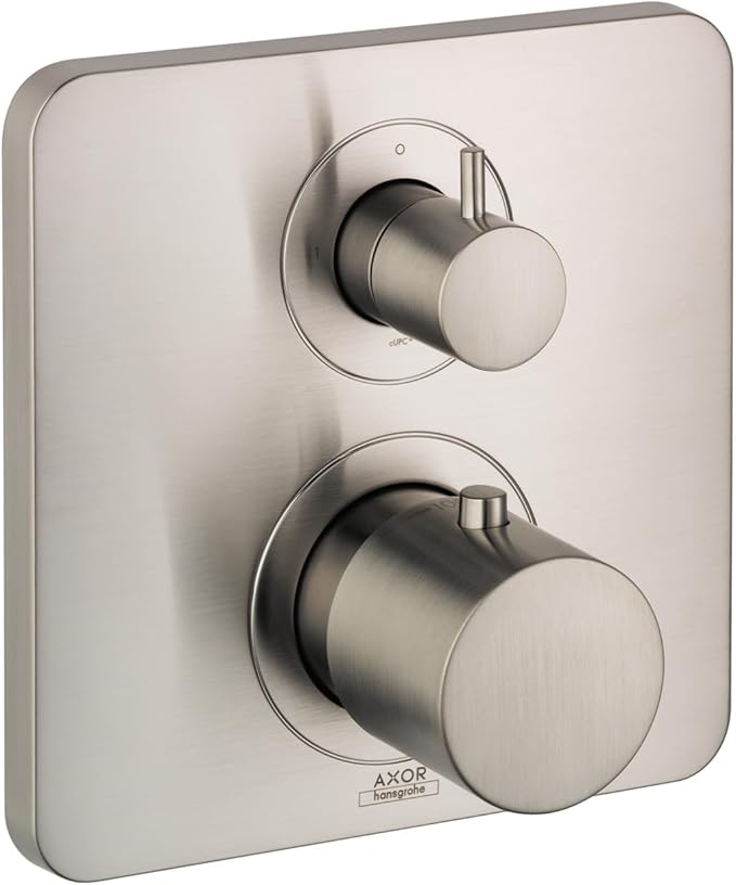 Brushed nickel thermostatic shower valve trim with two round handles mounted on square plate for temperature and volume contr