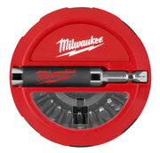 Red circular case with black handle bit holder and multiple screwdriver bits stored in black compartment below.