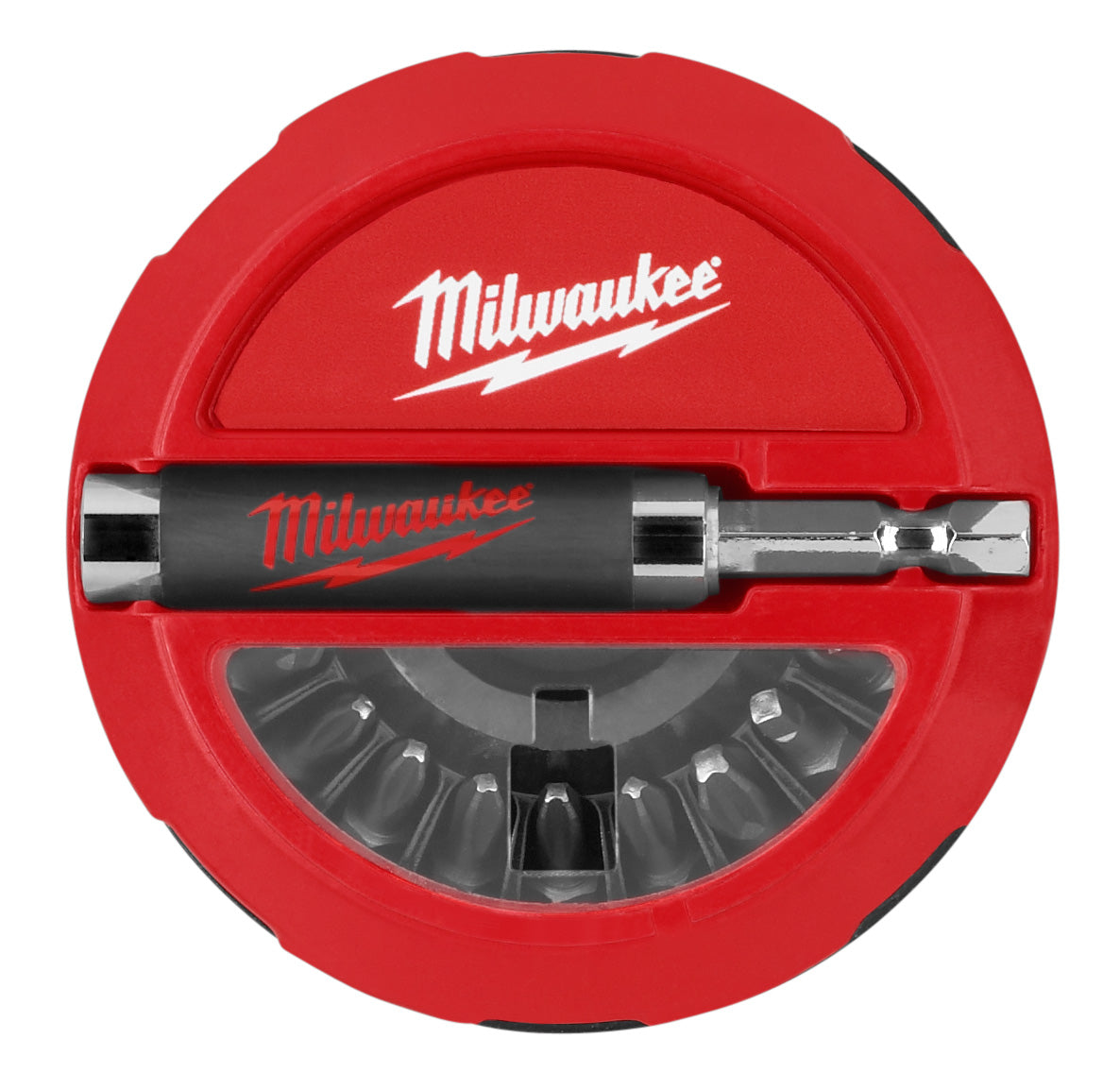 Red circular case with black handle bit holder and multiple screwdriver bits stored in black compartment below.
