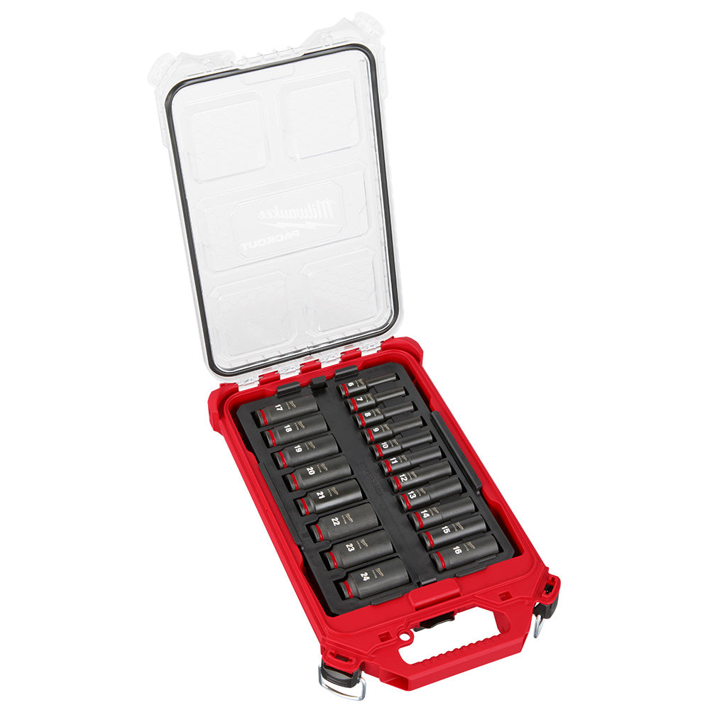 Red PACKOUT case with clear lid containing 19 metric sockets arranged in two rows on black foam insert.